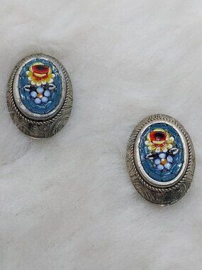 Vintage Floral Glass Micro Mosaic Earrings Clip Earrings